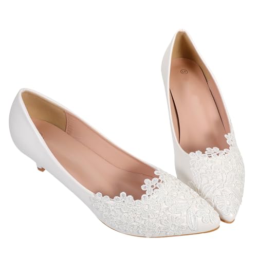 ANDRESLAD Weiße Brautschuhe Damen Spitzen Hochzeitsschuhe mit Spitzem Absatz Stilvolle Pumps für Hochzeit Party und Festliche Anlässe Bequeme und Stabile High Heels von ANDRESLAD