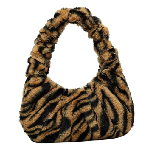 ANDRESLAD Winter Plüsch Schultertasche Damen Handtasche Flauschige Armpit Bag mit Streifen Design Braun Leichte Langlebige Umhängetasche für Alltag und Mittlere Kapazität für Geldbörse von ANDRESLAD