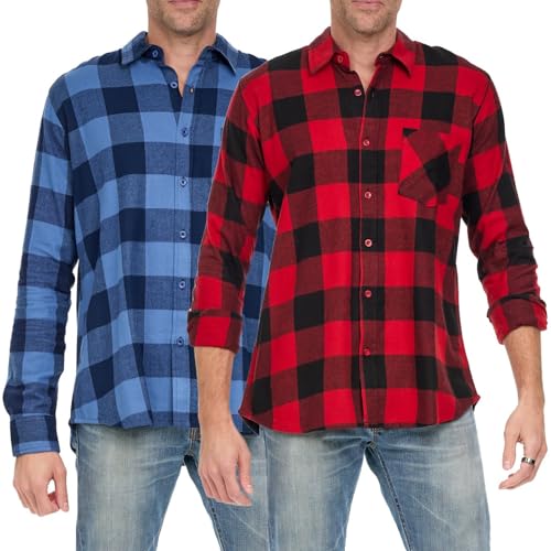 Andrew Scott Herren Button-Down-Hemd, normale Passform, langärmelig, kariert, Flanell, Freizeithemden – Multipacks, 2er-Pack – Buffalo Plaid Rot / Buffalo Plaid Blau, Mittel von ANDREW SCOTT