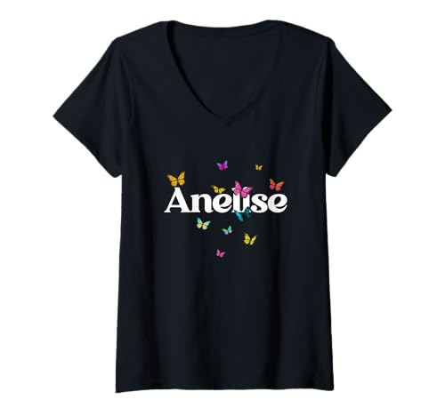 Damen ANELISE - Schöner Mädchen Name mit bunten Schmetterlingen T-Shirt mit V-Ausschnitt von ANELISE Tochter Enkel Geburtstag Geschenkideen