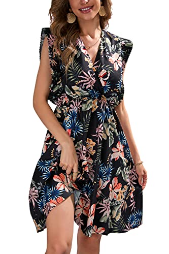 ANEWISH Damen Sommerkleider Blumenkleider V-Ausschnitt Bedrucktes Kleid Freizeitkleid Elegant Strandkleider Minirock Schwarz M von ANEWISH