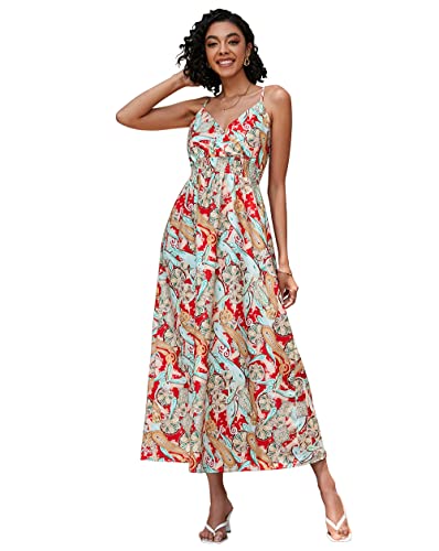 Sommerkleid Damen Ärmelloses Kleid mit Sling-Print V-Ausschnitt Kleider Freizeitkleid Elegant Strandkleider Langer Rock Midikleid Sommer (Stil 3-XXL) von ANEWISH