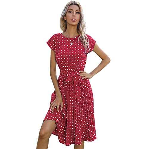 Sommerkleid Damen Polka Dots Faltenrock Kurzarm A Linie Kleid Damen Elegant Freizeitkleid Strandkleid Tunikakleid knielanges Kleid mit Gürtel Rot XL von ANEWISH