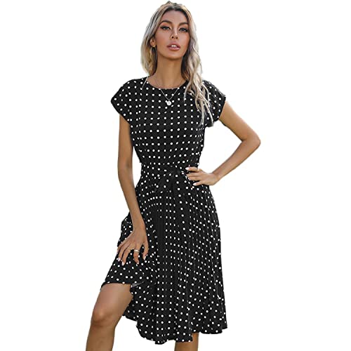 Sommerkleid Damen Polka Dots Faltenrock Kurzarm A Linie Kleid Damen Elegant Freizeitkleid Strandkleid Tunikakleid knielanges Kleid mit Gürtel Schwarz L von ANEWISH