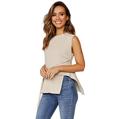 T-Shirt Damen Sommer Rundhals Ärmelloses T-Shirt Mit Gürtel Irregulär Gestreiftes Freizeithemd Tunika Tops von ANEWISH