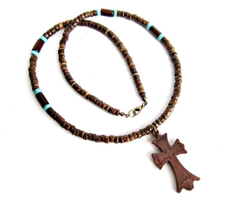 Holz Kreuz Kette Herren, Kokos Halskette Männer, Hölz Anhänger, Braune Türkis Perlenkette, Religiöser Schmuck, Geschenk Für Ihn Holz Kreuz Kette Herren, Kokos Halskette Männer, Hölz Anhänger, Braune Türkis Perlenkette, Religiöser Schmuck, Geschenk Für Ihn von ANFRAcreations