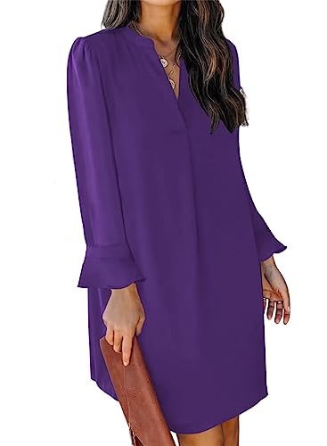 ANFTFH 2024 Casual Kleid Frauen Frühling Herbst Tunika Kleid V-Ausschnitt Casual Lose Flowy Swing Shift Kleid Violett L von ANFTFH