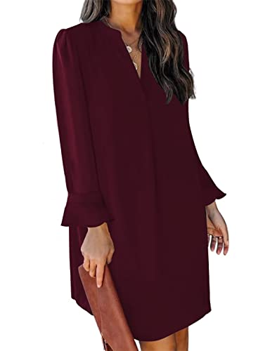 ANFTFH 2024 Casual Kleid Frauen Frühling Herbst Tunika Kleid V-Ausschnitt Casual Lose Flowy Swing Shift Kleid weihnachtskleider Damen Weinrot XXL von ANFTFH