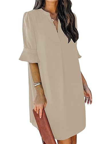 ANFTFH 2024 Damen Casual Lose Sundress Mini Kleid Kurzarm Shift Kleider Sommer Strandkleid Beige XXL von ANFTFH