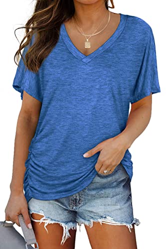 ANFTFH 2024 Kurzarm Damen Oberteile Sommer V Neck Dolman Shirts Casual Sommer Loose Shirt Fit Tunic Tops Blau L von ANFTFH