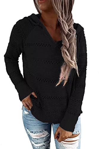 ANFTFH 2023 Sweater Damen Kapuzenpullover Langarm V-Ausschnitt Kapuzenpullover Einfarbig Jumper Freizeit Pullover Hoodie Schwarz L von ANFTFH