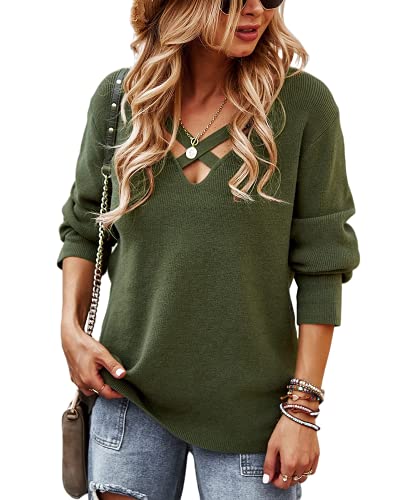 ANFTFH 2024 Female Strickpullover V-Ausschnitt Pullover Langarm Tops Einfarbig Sweatshirt Casual Grün L von ANFTFH