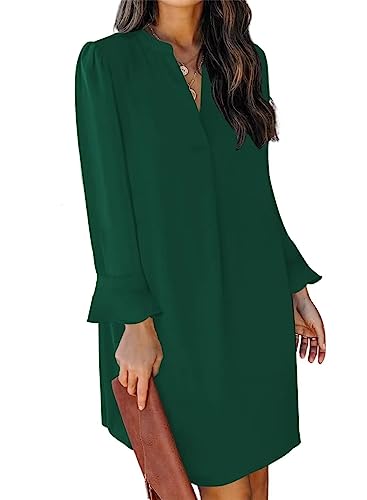 ANFTFH Casual Kleid Frauen Frühling Herbst Tunika Kleid V-Ausschnitt Casual Lose Flowy Swing Shift Kleid weihnachtskleider Damen Dunkel Grün M von ANFTFH