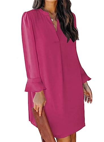 ANFTFH Casual Kleid Frauen Frühling Herbst Tunika Kleid V-Ausschnitt Casual Lose Flowy Swing Shift Kleid Tshirt Kleider Partykleider Rosa S von ANFTFH