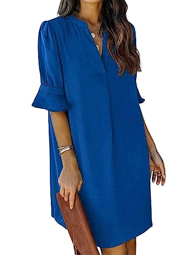 ANFTFH Casual Kleider für Frauen Damen Rüschen Ärmel Split V-Ausschnitt Gerade Fit Einfarbig Schlankes Kleid Schatz Blau S von ANFTFH