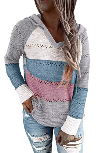 ANFTFH Pullover Damen Casual V-Ausschnitt Bunte Streifen Einfarbig Aushöhlen Langarm Lose Atmungsaktive Sweatshirt Für Frauen Pink/Blau L von ANFTFH