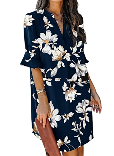 ANFTFH Damen Boho Kleid 2025 Sommerkleid Partykleid Elegant V-Ausschnitt Minikleid Blumenkleid Abendkleid Rüschen Strandkleid Cocktailkleid Blaue Blume L von ANFTFH