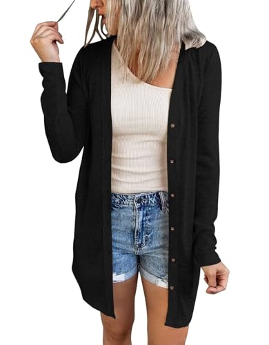 ANFTFH Damen Cardigan Lang Dünne Jacke mit Leichter Langarm Strickjacke Button Down Loose Top Schwarz L von ANFTFH