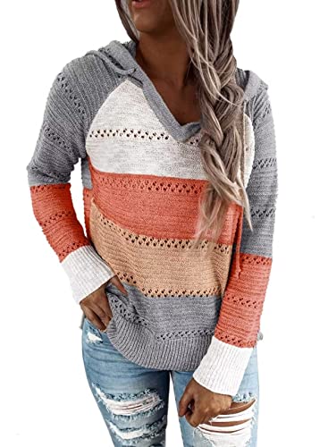 ANFTFH Damen Color Block Triple Hoodies Streifen Pullover Langarm Tops ausgeschnittener Pullover Grau XL von ANFTFH