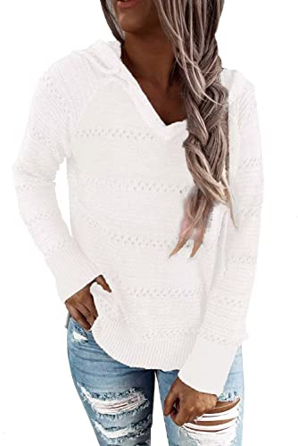 ANFTFH Damen Kapuzenpullove Einfarbige Hollow Out Kordelzug Hoodies Pullover Langarm V-Ausschnitt Sweater Tops Weiß S von ANFTFH