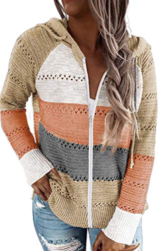 ANFTFH Damen Knit Sweatshirts Langarm Hoodies Casual Patchwork Strickpullover Strickjacke Kapuzenpullover Tunika Khaki XL von ANFTFH