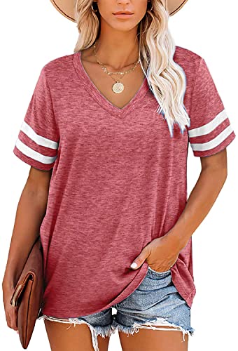 ANFTFH Damen Kurzarm T-Shirt Einfarbiges Oberteil V-Ausschnitt Lässige Kurzarm Basic Sommertop Shirt Rosa M von ANFTFH