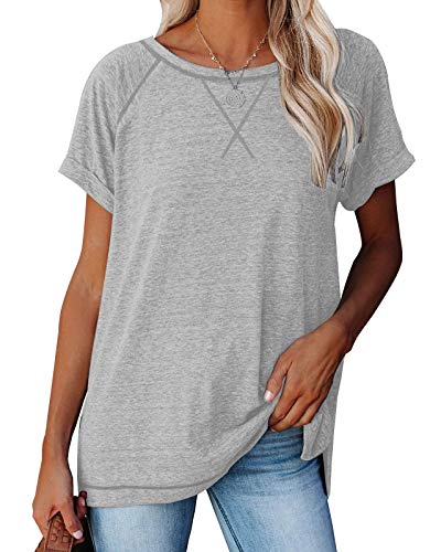 ANFTFH Sommer Damen kurzärmeligen Rundhalsausschnitt Seitenschlitz einfarbig lässig kurzärmelig Top Sommerkleid Grau M von ANFTFH