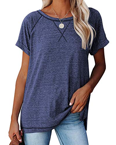 ANFTFH Damen Kurzarm T-Shirt Casual Sommer Lose Shirt Rundhalsausschnitt Basic Kurzarm Dunkel Blau S von ANFTFH