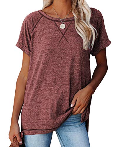 ANFTFH Damen Kurzarm Lässiges Oberteil T Shirt Einfarbig Lose Bluse Rundhals Casual Top Rot S von ANFTFH