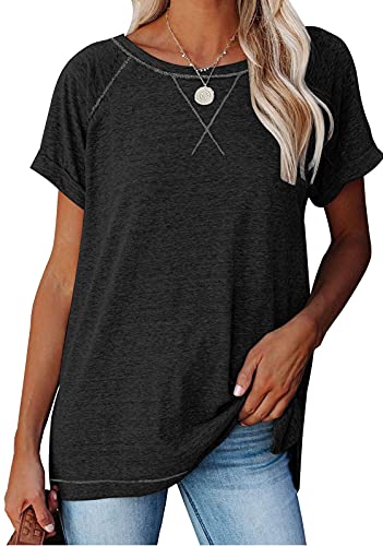 ANFTFH Damen Kurzarm T-Shirt Einfarbig Tshirt Damen Lose Tops Sommer Damen Tshirt Schwarz L von ANFTFH