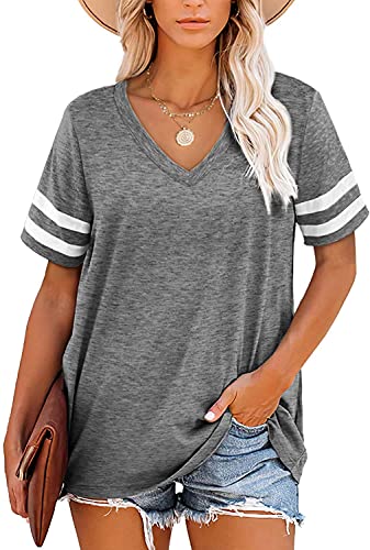 ANFTFH Damen Kurzarm T-Shirt V Neck Oberteile Lässige Kurzarm Shirt Top Gestreifte Ärmel Grau L von ANFTFH