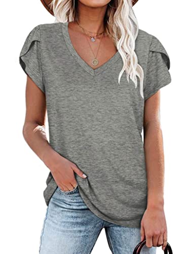 ANFTFH Damen Oberteile Kurzarm V-Ausschnitt Sport Top Sexy Einfarbiges T-Shirts Freizeit Yoga Betrieb Grau S von ANFTFH