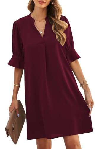 ANFTFH Damen Sommer Kurzarm Kleid Rüschen V Stand Neck Leichtes Komfort Kleid Rotwein S von ANFTFH