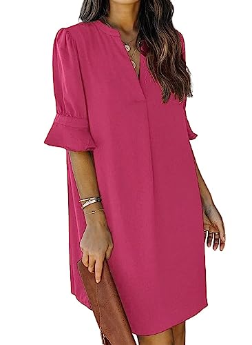 ANFTFH Damen Sommer V-Ausschnitt Kurzarm Lose und Dünn Casual Flowy Rüschen Kleid Freizeitkleider für Frauen Rosenrot XXL von ANFTFH