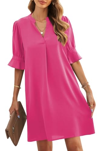 ANFTFH Damen Sommer V-Ausschnitt Kurzarm Lose und Dünn Casual Flowy Rüschen Kleid Freizeitkleider für Frauen Rosenrot XXL von ANFTFH