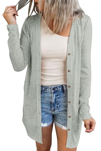 ANFTFH Damen Strickjacke Casual Cardigan Mantel Langarm Coat Jacke Long Sleeve Button Down Loose Grün XL von ANFTFH