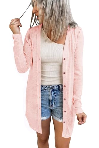 ANFTFH Damen Strickjacke Langarm Offene Strickmantel Lang Casual Cardigan mit V-Ausschnitt Hellrosa L von ANFTFH