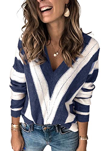 ANFTFH Damen Strickpullover mit tiefem V-Ausschnitt Asymmetrischer Farbblock-Streifen Farbblock-Langarmpullover Blau S von ANFTFH