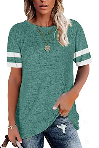 ANFTFH Damen T-Shirt Casual Top Oberteile Sommer Locker Kurzarmshirt im Sportstil Basic Shirt Top Rundhals Kurzarm Damen Grün S von ANFTFH