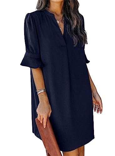 ANFTFH Damen Tunika Kleid Sommer Kurz Kleider Elegant Blusekleid Freizeitkleid Locker Kleider mit Halbärmeln Blau L von ANFTFH