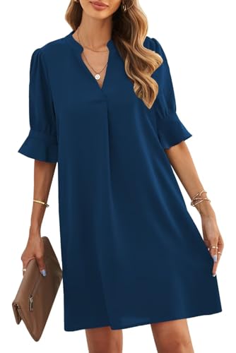 ANFTFH Damen Tunika Kleid Sommer Kurz Kleider Elegant Blusekleid Freizeitkleid Locker Kleider mit Halbärmeln Blau L von ANFTFH