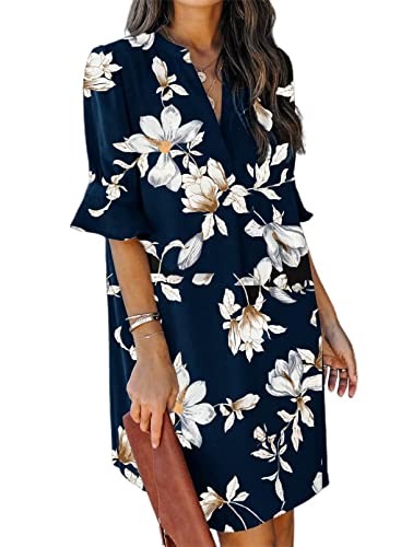 ANFTFH Damen Tunika Kleid Sommer Kurz Kleider Elegant Blusekleid Freizeitkleid Locker Kleider mit Halbärmeln Blaue Blume XL von ANFTFH