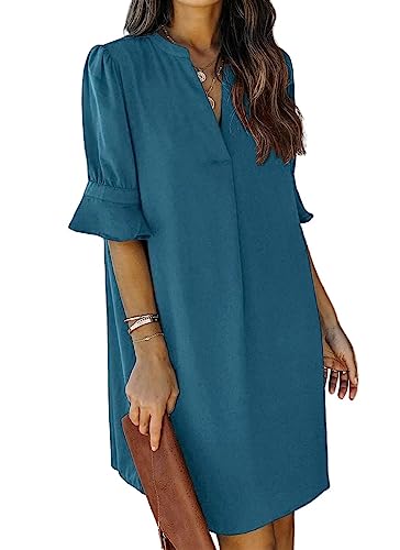 ANFTFH Damen Tunika Kleid Sommer Kurz Kleider Elegant Blusekleid Freizeitkleid Locker Kleider mit Halbärmeln Indigo XXL von ANFTFH