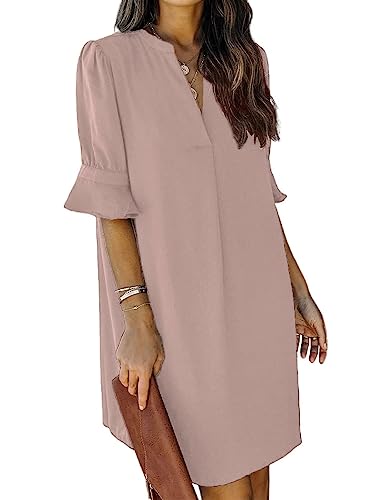 ANFTFH Damen V-Ausschnitt Kurzarm Sommer Mini Kleid Atmungsaktiv Weiche Haut-freundliche und Bequeme Tunika Kleid Grau Rosa XL von ANFTFH