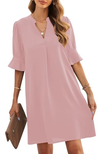 ANFTFH Damen V-Ausschnitt Kurzarm Sommer Mini Kleid Atmungsaktiv Weiche Haut-freundliche und Bequeme Tunika Kleid Grau Rosa XL von ANFTFH