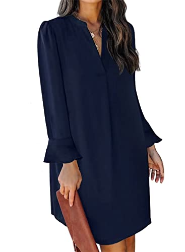 ANFTFH Damen V-Ausschnitt Rüschen Langarm einfarbig einfache Frühling und Herbst neues Kleid Blau XXL von ANFTFH