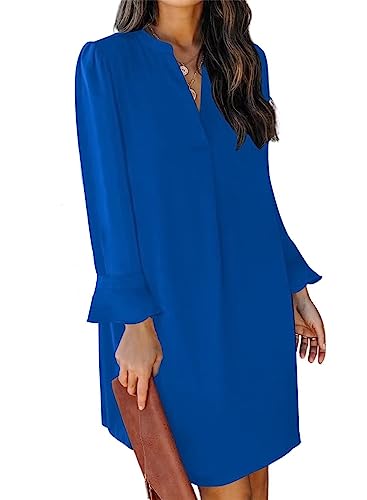 ANFTFH Damen V-Ausschnitt Rüschen Langarm einfarbig einfache Frühling und Herbst neues Kleid Schatz Blau XL von ANFTFH