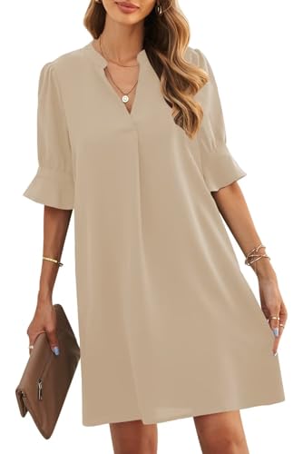 ANFTFH Einfache Einfarbige Lose Rüschen Kurzarm V-Ausschnitt Mini Sommer Kleid Shift Kleid für Frauen Beige L von ANFTFH