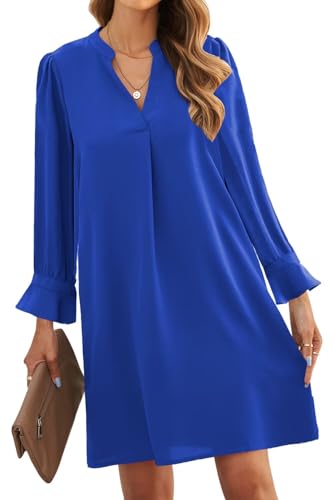 ANFTFH Flowy Damenkleid Damen Rüschen Langarm V-Ausschnitt Einfarbige Farbe Casual Flowy Kleid Frühling Herbst Schatz Blau XXL von ANFTFH