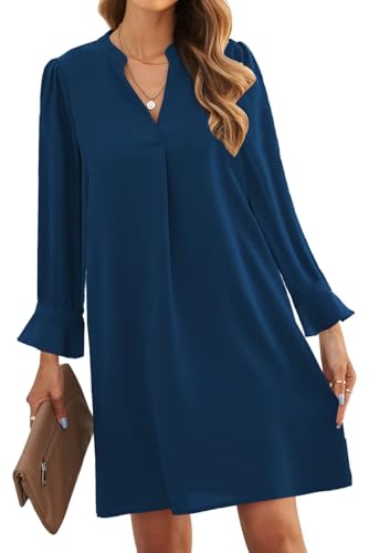 ANFTFH Frauen 2024 Langarm Kleider Freizeitkleid V-Ausschnitt Casual Flowy Swing Party Club Mini Kleid Blau L von ANFTFH